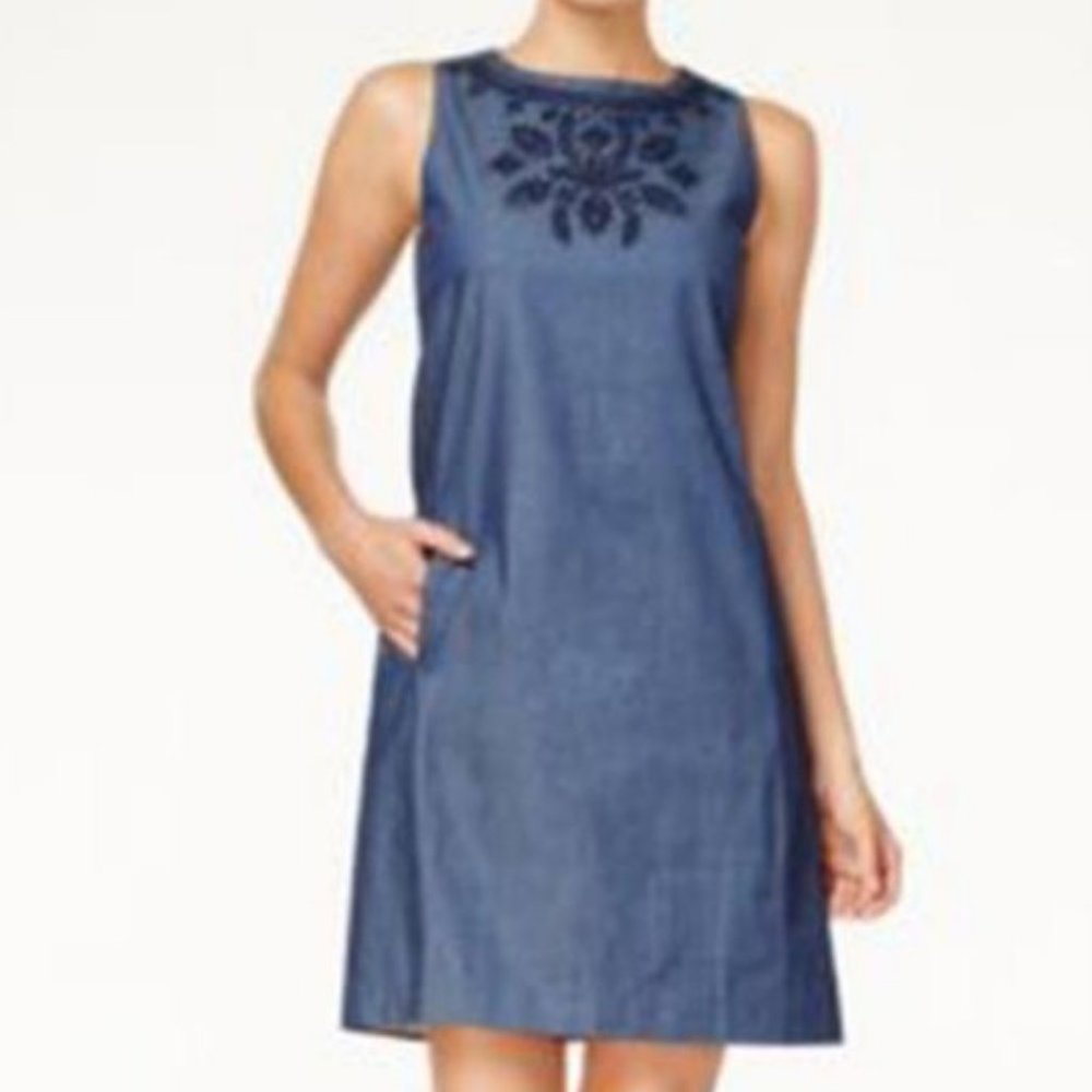 Denim Embroidered Sleeveless Shift Dress - Size 8